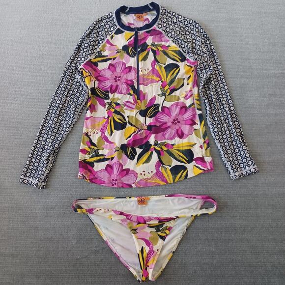 Tory Burch Rash Guard Matching Bikini Bottom Women L Botanical Floral Beach Swim - Picture 1 of 11